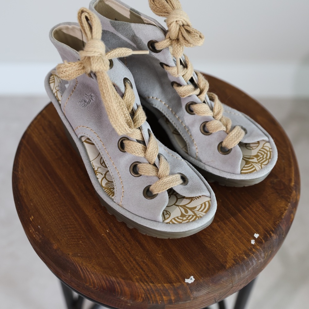 Fly London Concrete Color Leather Lace Up Wedge
